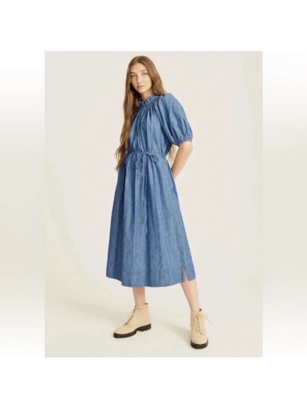 J. Crew Denim-Effect Blue Midi Dress with Puff Sleeves